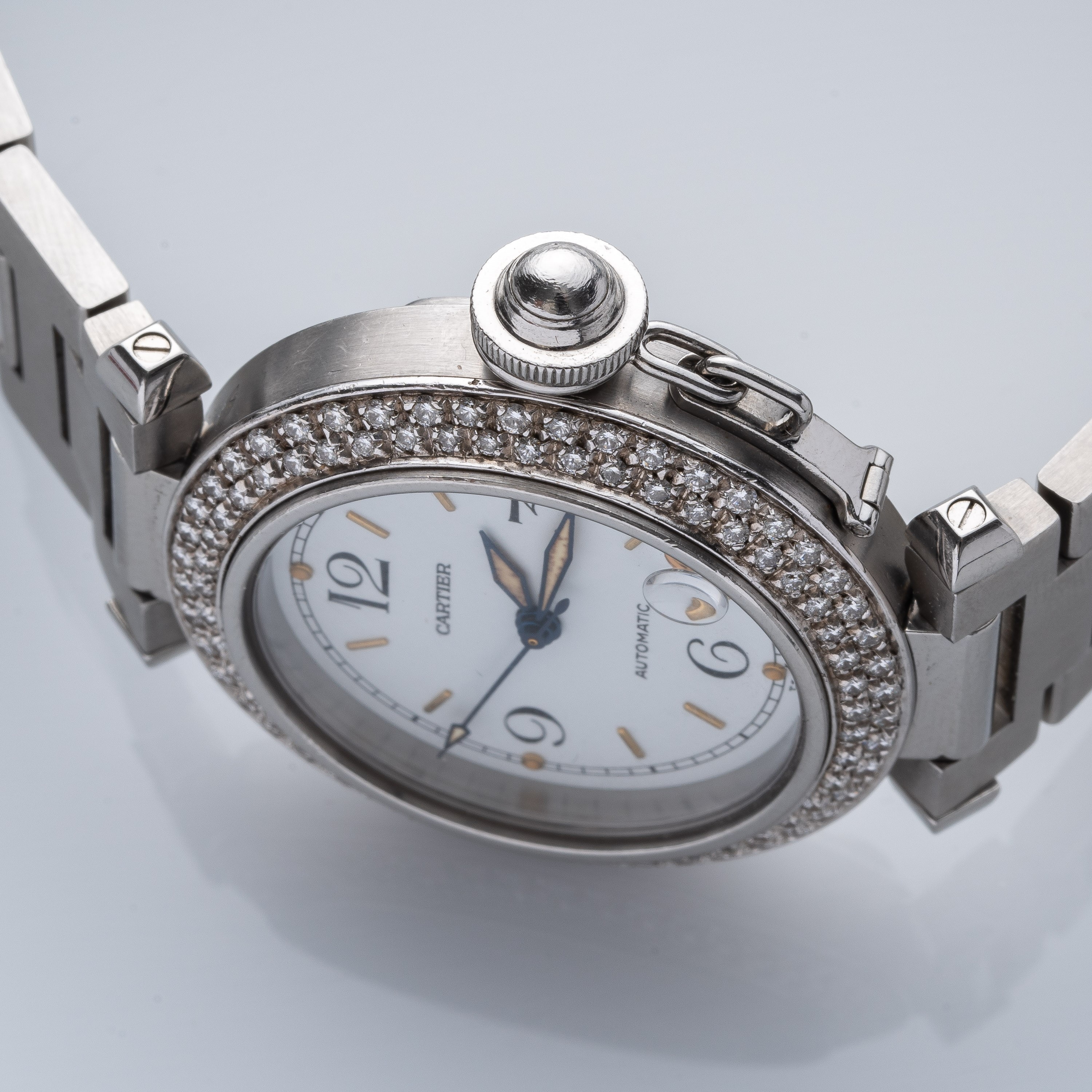 CARTIER - PASHAOROLOGIO A CARICA AUTOMATICA IN ACCIAIO CON GHIERA IN DIAMANTI E DATARIO AD ORE QU...