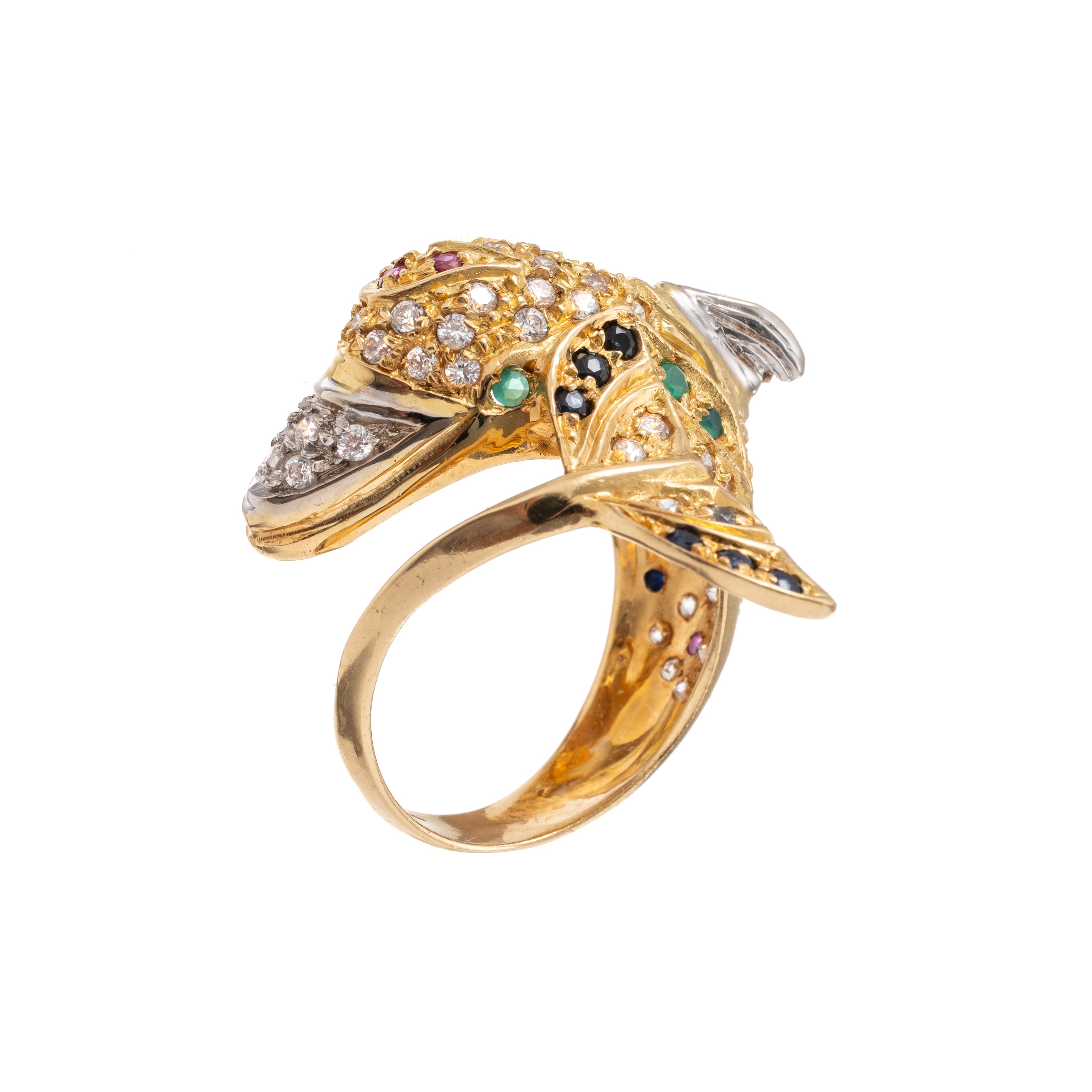 ANELLO DELFINO IN ORO GIALLO 18 KT A FORMA DI DELFINO CON PAVÈ DI DIAMANTI, ZAFFIRI, SMERALDI E R...