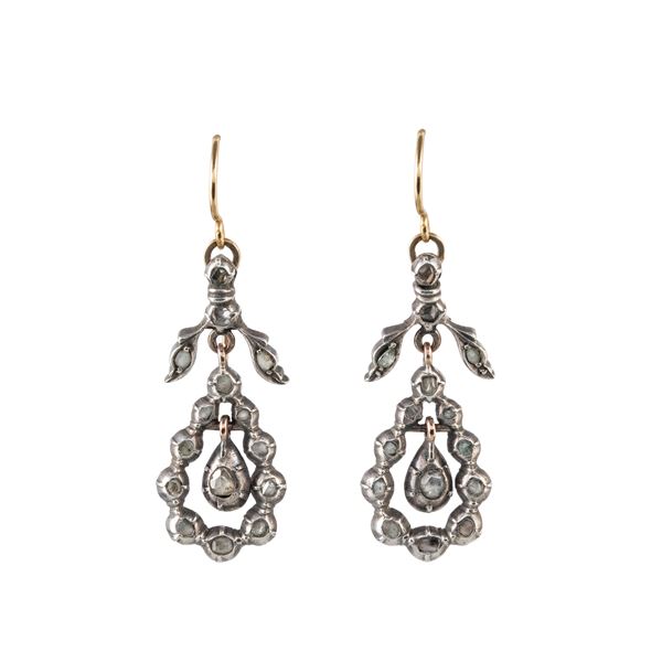 GOLD AND SILVER EARRINGS WITH DIAMOND ROSETTES