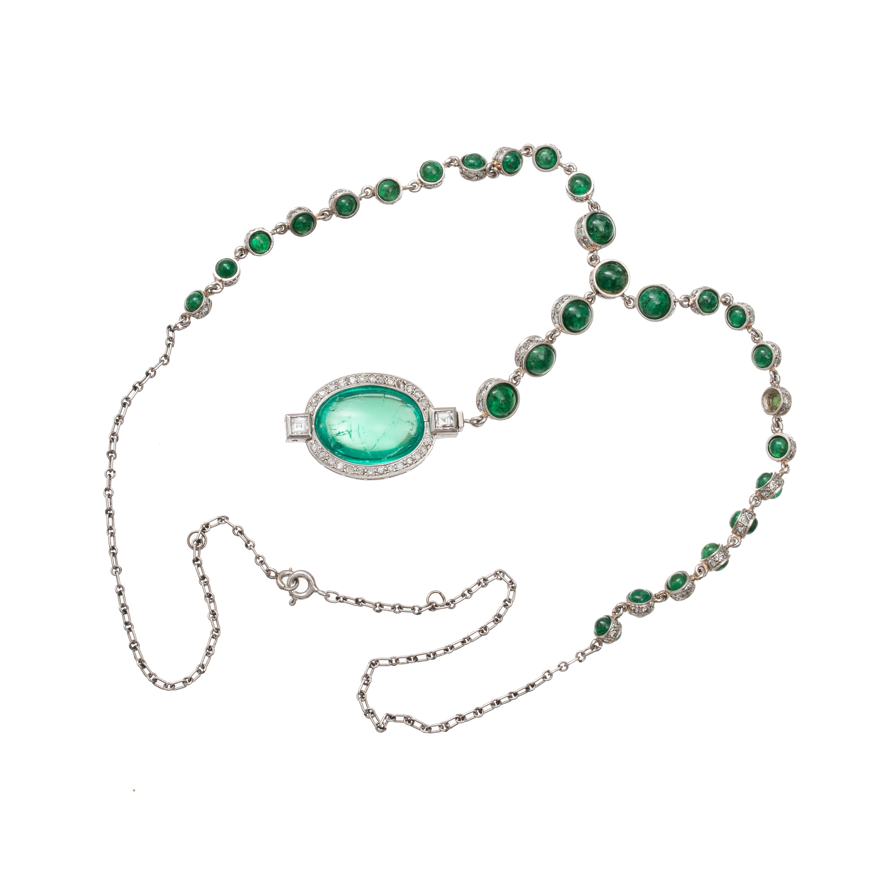 COLLANA IN SMERALDI CHABOCON E DIAMANTI E ORO BIANCO 18 KT