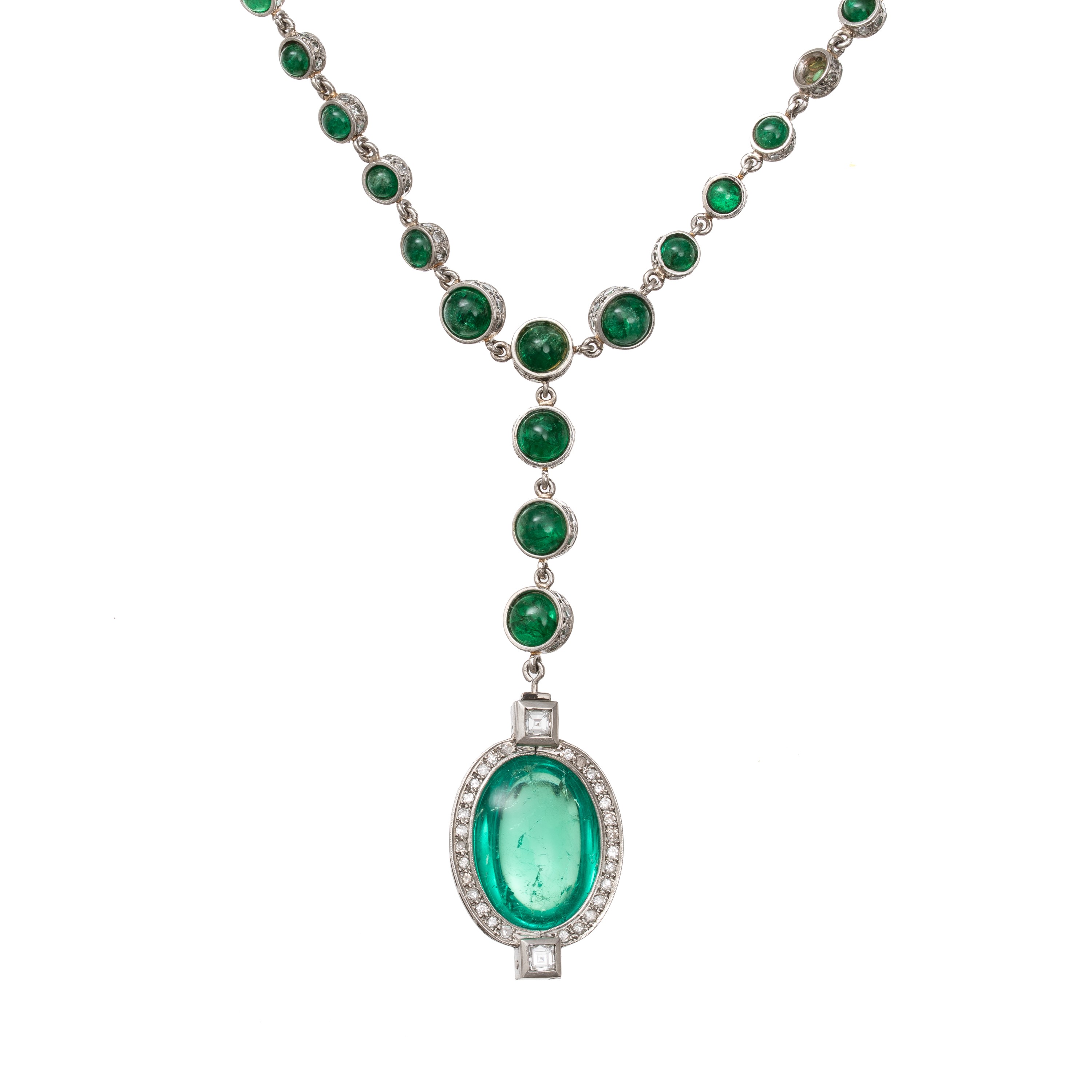 COLLANA IN SMERALDI CHABOCON E DIAMANTI E ORO BIANCO 18 KT