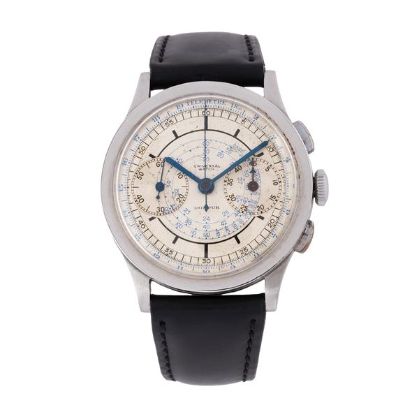 UNIVERSAL GENEVE - UNIVERSAL GENEVE - COMPUR MANUAL WINDING CHRONOGRAPH IN STEEL WITH SILVER DIAL AND TELEMETRIC SCALE