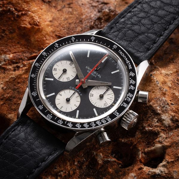 UNIVERSAL GENEVE - UNIVERSAL GENEVE - EVIL NINA RINDT COMPAX MANUAL-WINDING STEEL CHRONOGRAPH WITH BLACK DIAL AND TACHYMETER BEZEL