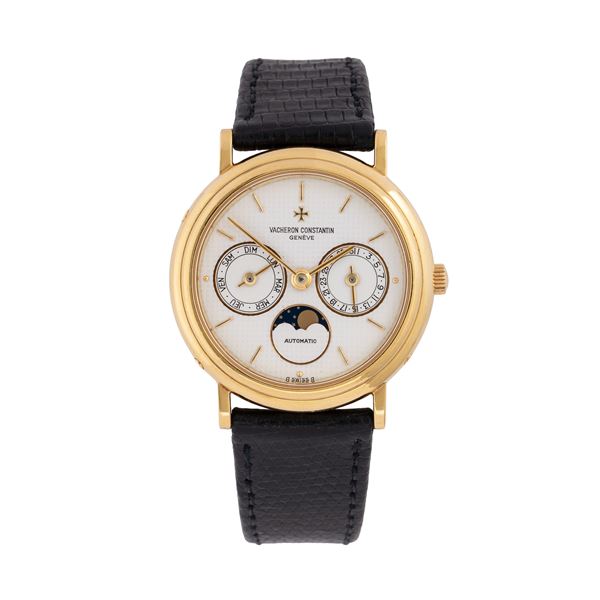 VACHERON CONSTANTIN - VACHERON CONSTANTIN - PATRIMONY CALENDAR MOONPHASE 18KT YELLOW GOLD DAY DATE WATCH WITH AUTOMATIC WINDING, SIGMA TAPISSERIE DIAL AND MOON PHASE AT SIX O'CLOCK