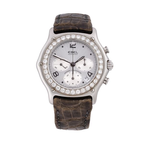 EBEL - EBEL - 1911 AUTOMATIC STEEL CHRONOGRAPH WITH BRILLIANT-CUT DIAMOND BEZEL, SILVER DIAL AND DATE DISPLAY AT 4 O'CLOCK