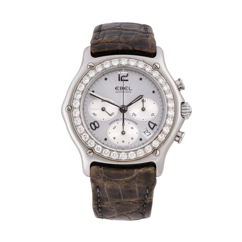 EBEL - 1911 CRONOGRAFO IN ACCIAIO A CARICA AUTOMATICA CON GHIERA IN DIAMANI TAGLIO BRILLANTE, QUA...