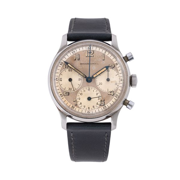 HEUER - HEUER - ABERCROMBIE & FITCH CO. MANUAL-WINDING STEEL CHRONOGRAPH WITH TWO-TONE DIAL AND “BIG EYE” COUNTERS