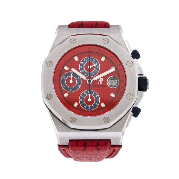AUDEMARS PIGUET - AUDEMARS PIGUET - ROYAL OAK OFFSHORE AUTOMATIC STEEL CHRONOGRAPH WITH RED TAPISSERIE DIAL AND RED LEATHER STRAP