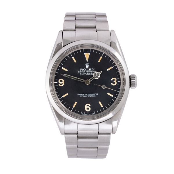 ROLEX - ROLEX - EXPLORER AUTOMATIC STEEL WATCH WITH BLACK DIAL AND ARABIC NUMERALS AT THREE, SIX AND NINE O'CLOCK.