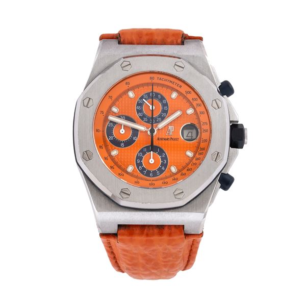 AUDEMARS PIGUET - AUDEMARS PIGUET - ROYAL OAK OFFSHORE AUTOMATIC STEEL CHRONOGRAPH WITH ORANGE TAPISSERIE DIAL AND ORANGE LEATHER STRAP