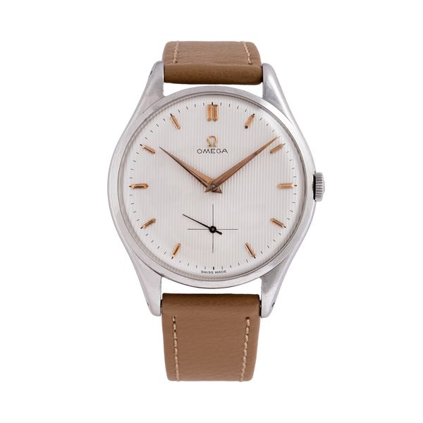 OMEGA - OMEGA - CALATRAVA OVERSIZE MANUAL-WINDING STEEL TIME-ONLY WATCH WITH WHITE “TAPESTRY” DIAL AND SMALL SECONDS AT SIX O'CLOCK