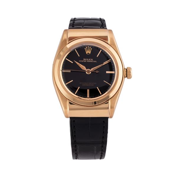 ROLEX - ROLEX - OVETTO 18KT ROSE GOLD SELF-WINDING TIME-ONLY WATCH WITH BLACK DIAL AND GOLD GRAPHICS