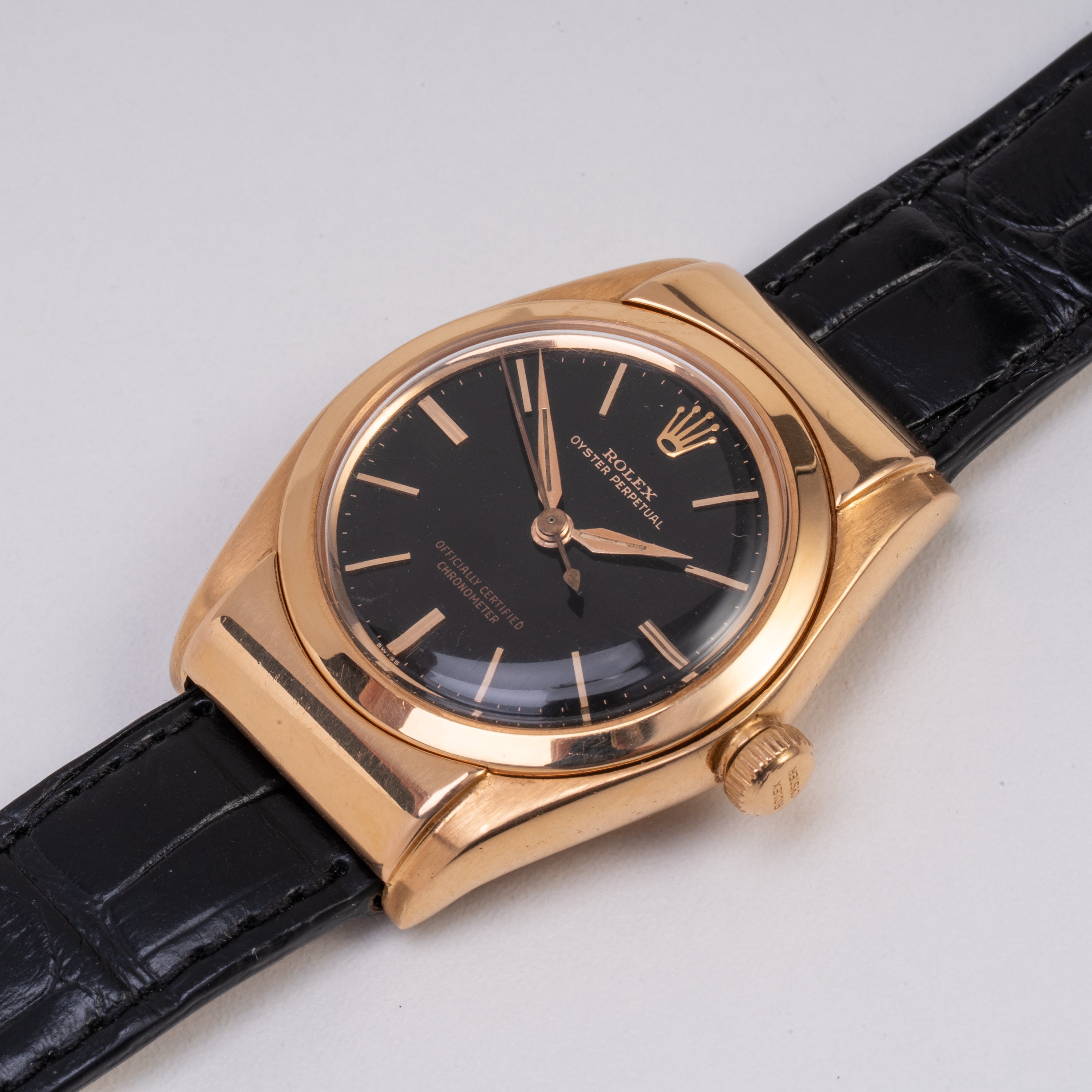 ROLEX - OVETTO OROLOGIO SOLO TEMPO A CARICA AUTOMATICA IN ORO ROSA 18KT CON QUADRANTE NERO GRAFIC...