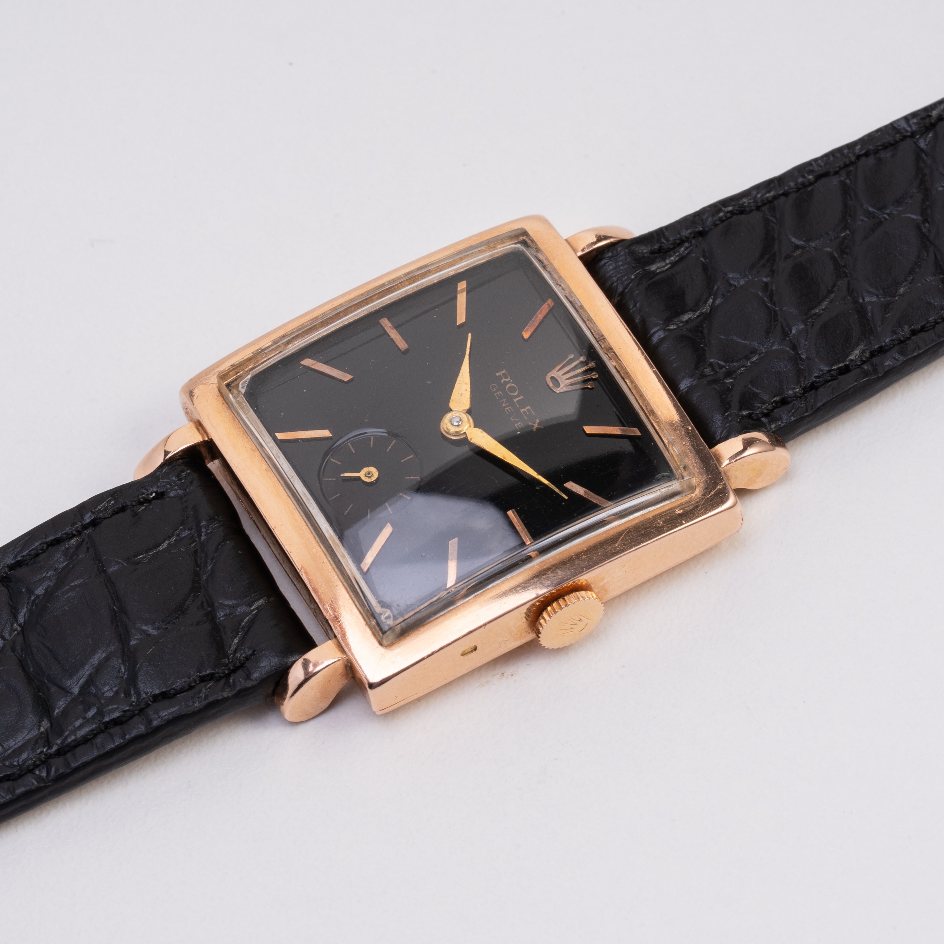 ROLEX OROLOGIO SOLO TEMPO A CARICA MANUALE IN ORO ROSA 14KT CON QUADRANTE NERO E PICCOLI SECONDI ...