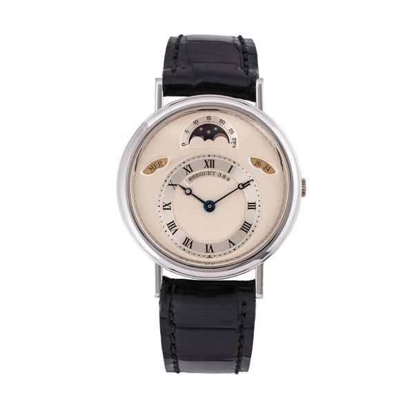 BREGUET - BREGUET - CLASSIQUE 18KT WHITE GOLD SELF-WINDING WATCH WITH GUILLOCHE DIAL, MOON PHASE, DAY AND DATE