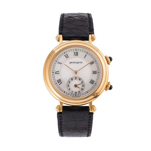 GERALD GENTA - GERALD GENTA - DUAL TIME AUTOMATIC TIME-ONLY WATCH IN 18KT YELLOW GOLD WITH WHITE ‘COULS DE PARIS’ DIAL AND MOTHER-OF-PEARL WITH DOUBLE TIME ZONE AT SIX O'CLOCK