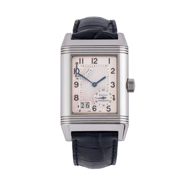 JAEGER LE COULTRE - JAEGER LECOULTRE - REVERSO POWER RESERVE STAINLESS STEEL MANUAL WINDING TIME ONLY WATCH WITH PURPLE DIAL, SMALL SECONDS AT 4 O'CLOCK AND DATE DISPLAY AT 7 O'CLOCK.