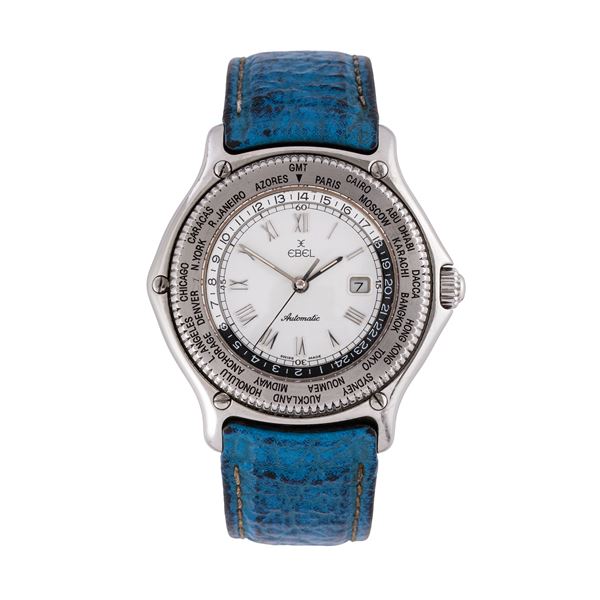 EBEL - EBEL - VOYAGER GMT AUTOMATIC STEEL WATCH WITH WHITE DIAL, DATE DISPLAY AT THREE O'CLOCK AND GMT BEZEL