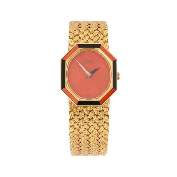 PIAGET - PIAGET MANUAL-WINDING TIME-ONLY WATCH IN 18KT YELLOW GOLD, WITH CORAL DIAL AND INTEGRATED BRACELET IN 18KT YELLOW GOLD.