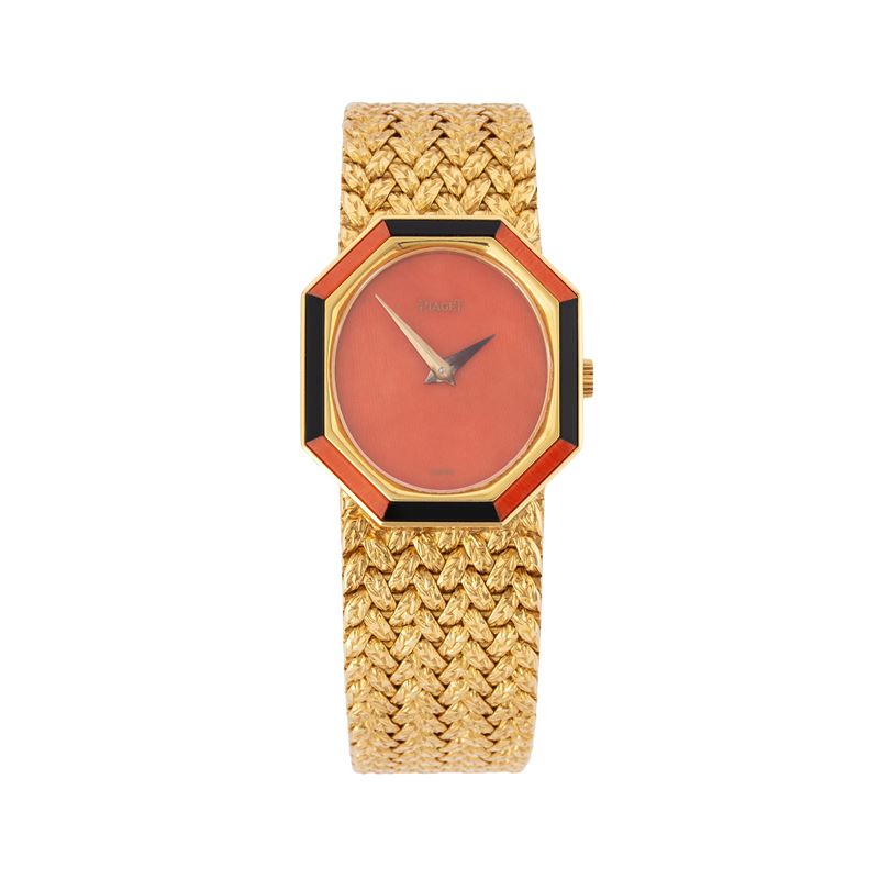 PIAGET OROLOGIO SOLO TEMPO A CARICA MANUALE IN ORO GIALLO 18KT, CON QUADRANTE IN CORALLO E BRACCI...