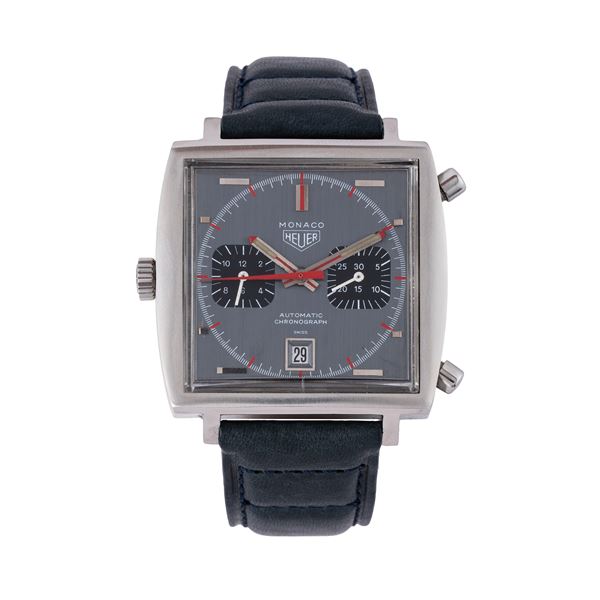HEUER - HEUER - MONACO AUTOMATIC STEEL CHRONOGRAPH WITH GREY DIAL AND DATE DISPLAY AT 6 O'CLOCK