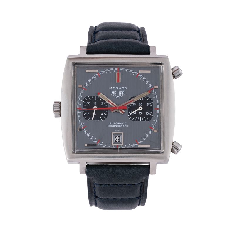 HEUER - MONACO CRONOGRAFO A CARICA AUTOMATICA IN ACCIAIO CON QUADRANTE GRIGIO E DATARIO AD ORE SE...