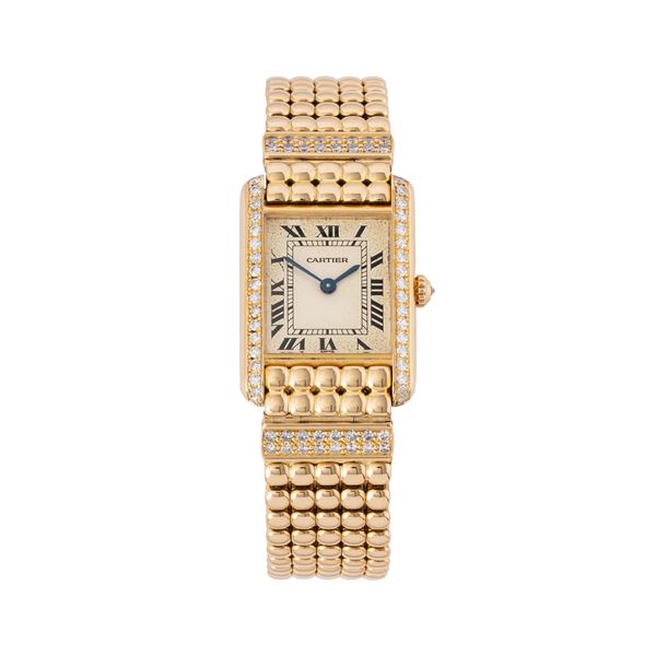 CARTIER - CARTIER - TANK OROLOGIO SOLO TEMPO AL QUARZO IN ORO GIALLO 18KT CON GHIERA IN DIAMANTI TAGLIO BRILLANTE, BRACCIALE IN ORO GIALLO 18KT CON DIAMANTI TAGLIO BRILLANTE E QUADRANTE BIANCO