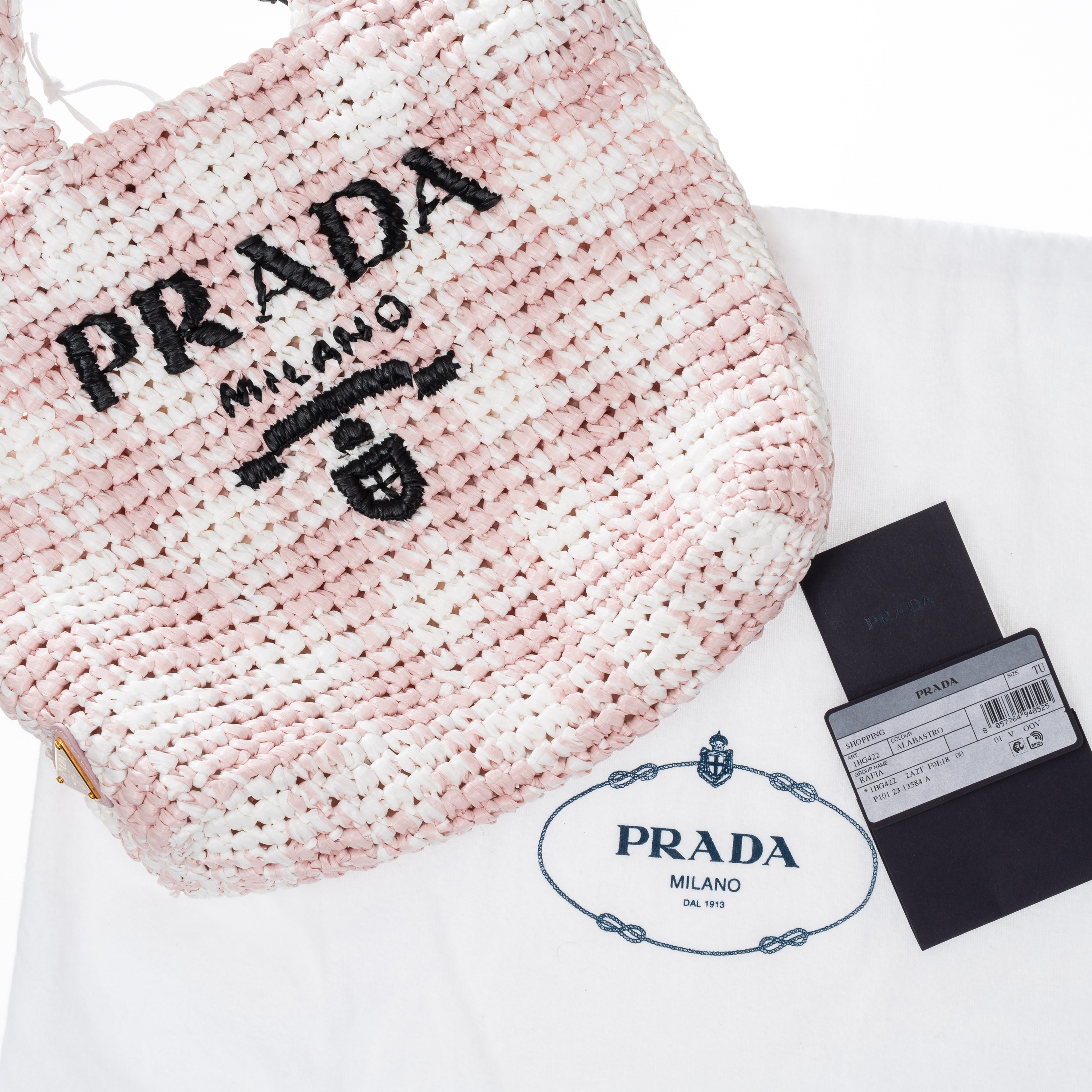 PRADA SHOPPER A MANO RAFIA BIANCA E ROSA