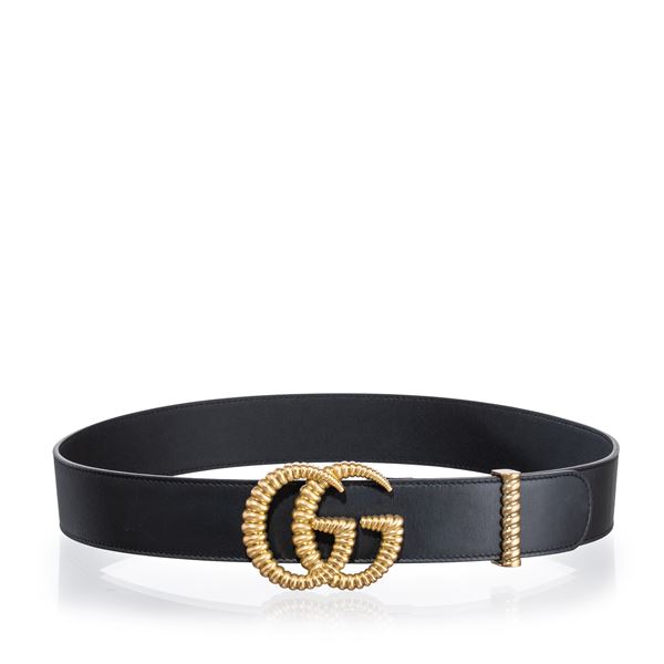 GUCCI - GUCCI CINTURA LARGA GG MARMONT IN PELLE NERA E FIBBIA OTTONE ANTICATO
