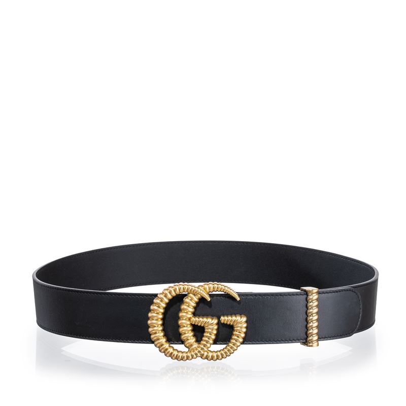 GUCCI CINTURA LARGA GG MARMONT IN PELLE NERA E FIBBIA OTTONE ANTICATO