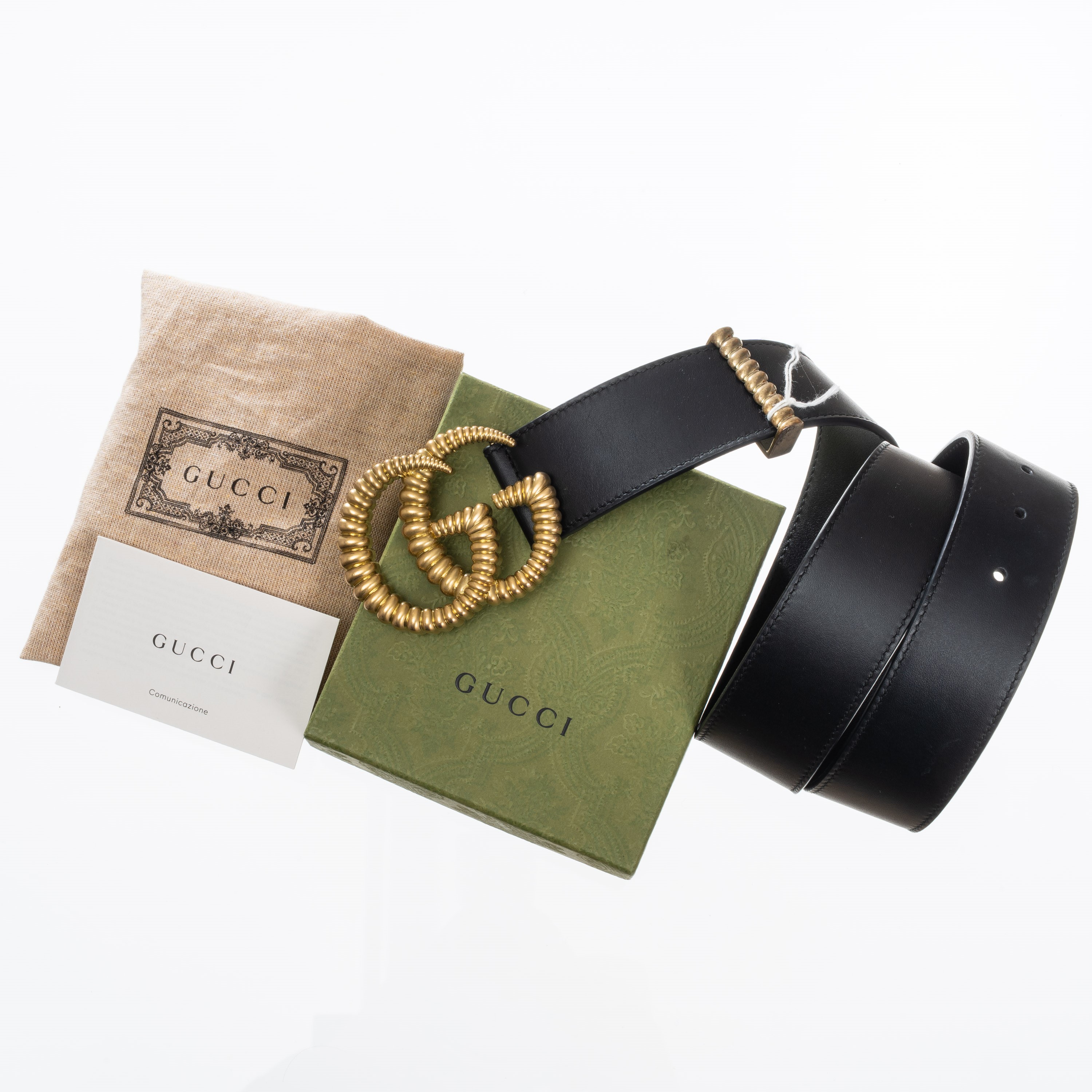 GUCCI CINTURA LARGA GG MARMONT IN PELLE NERA E FIBBIA OTTONE ANTICATO