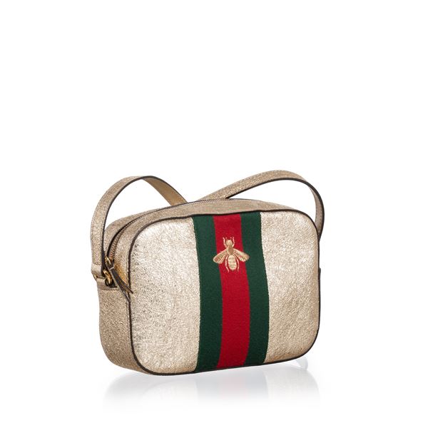 GUCCI - GUCCI WEBBY BEE CROSSBODY IN PELLE INCRESPATA COLOR ORO