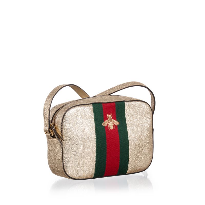 GUCCI WEBBY BEE CROSSBODY IN PELLE INCRESPATA COLOR ORO