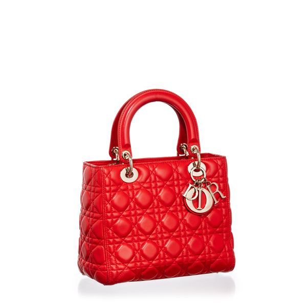 DIOR LADY MEDIA IN PELLE D’AGNELLO COLOR CORALLO E METALLERIA CHAMPAGNE