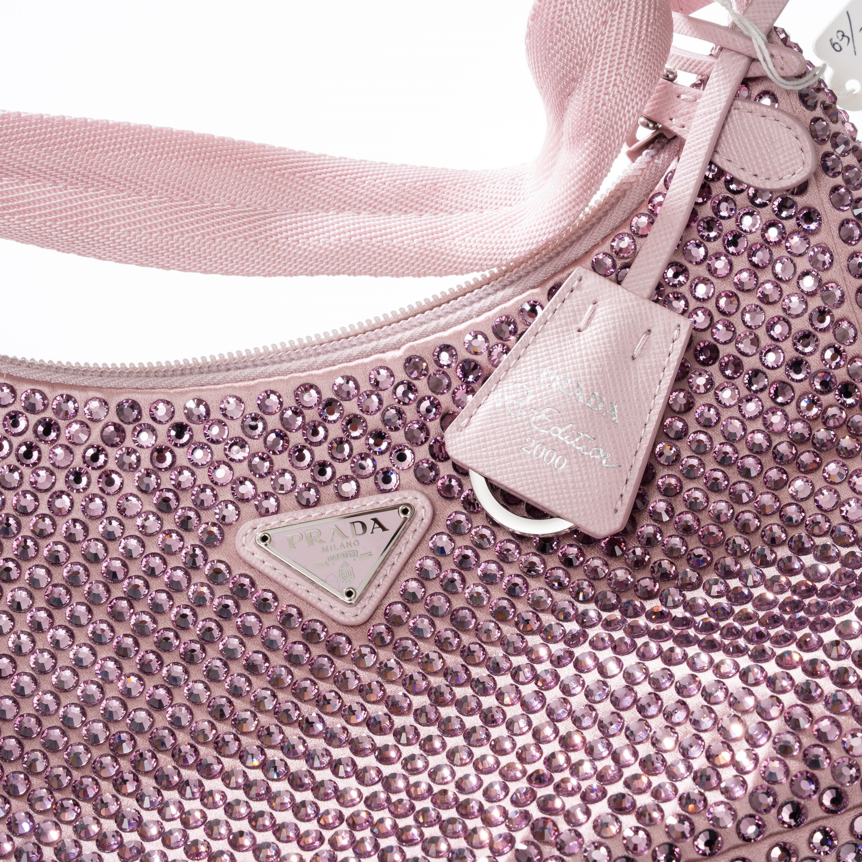 PRADA MINI BORSA RE-EDITION IN RASO CON CRISTALLI COLORE ROSA ALABASTRO