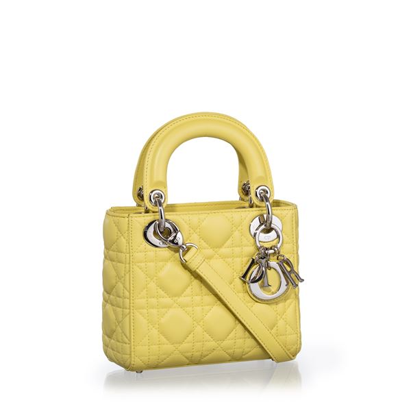 DIOR LADY MINI IN PELLE D’AGNELLO COLOR LIME E METALLERIA PALLADIO