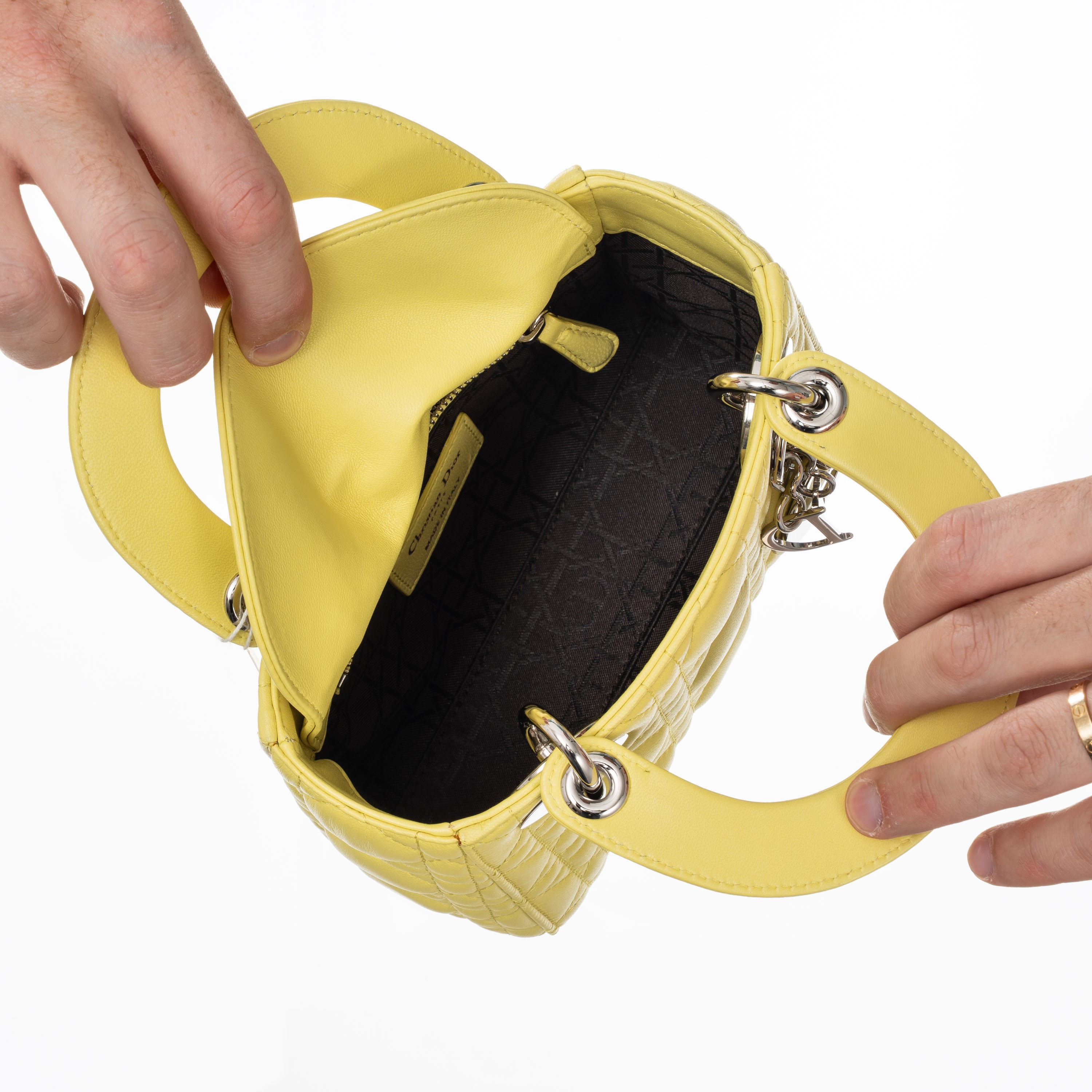 DIOR LADY MINI IN PELLE D’AGNELLO COLOR LIME E METALLERIA PALLADIO