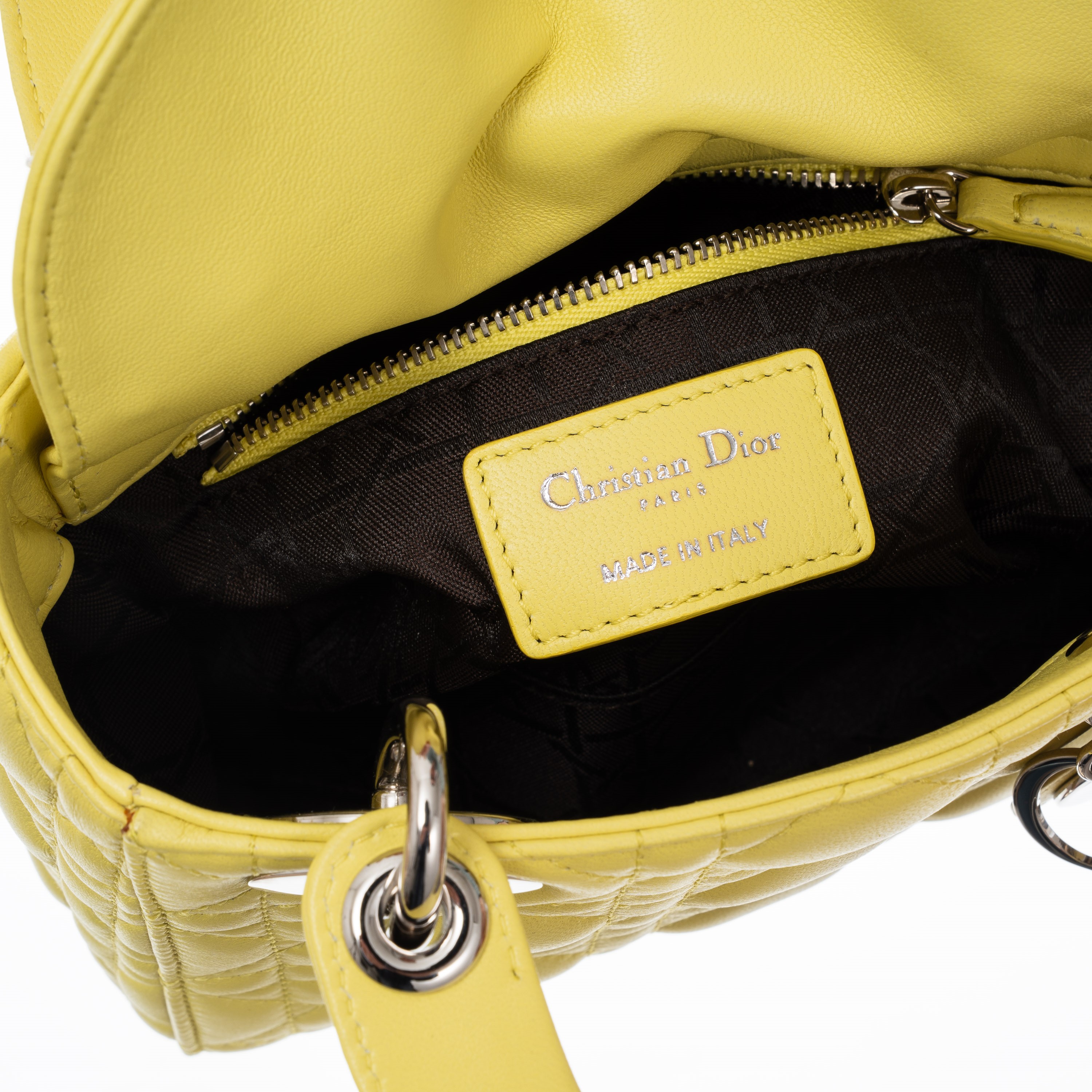 DIOR LADY MINI IN PELLE D’AGNELLO COLOR LIME E METALLERIA PALLADIO