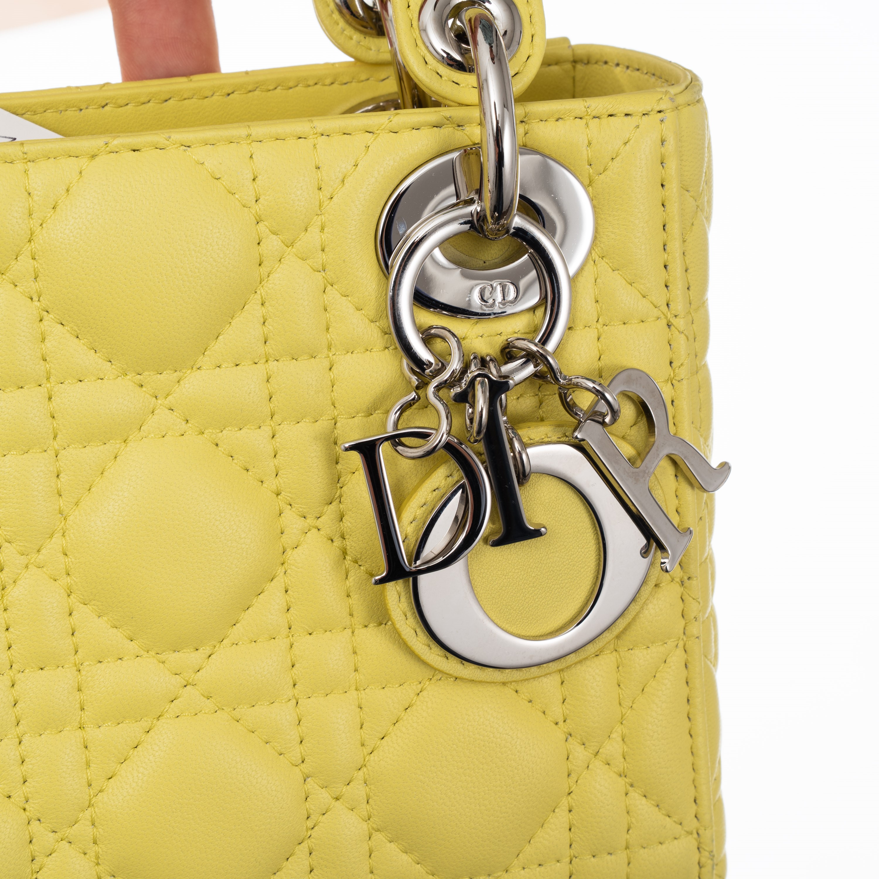 DIOR LADY MINI IN PELLE D’AGNELLO COLOR LIME E METALLERIA PALLADIO