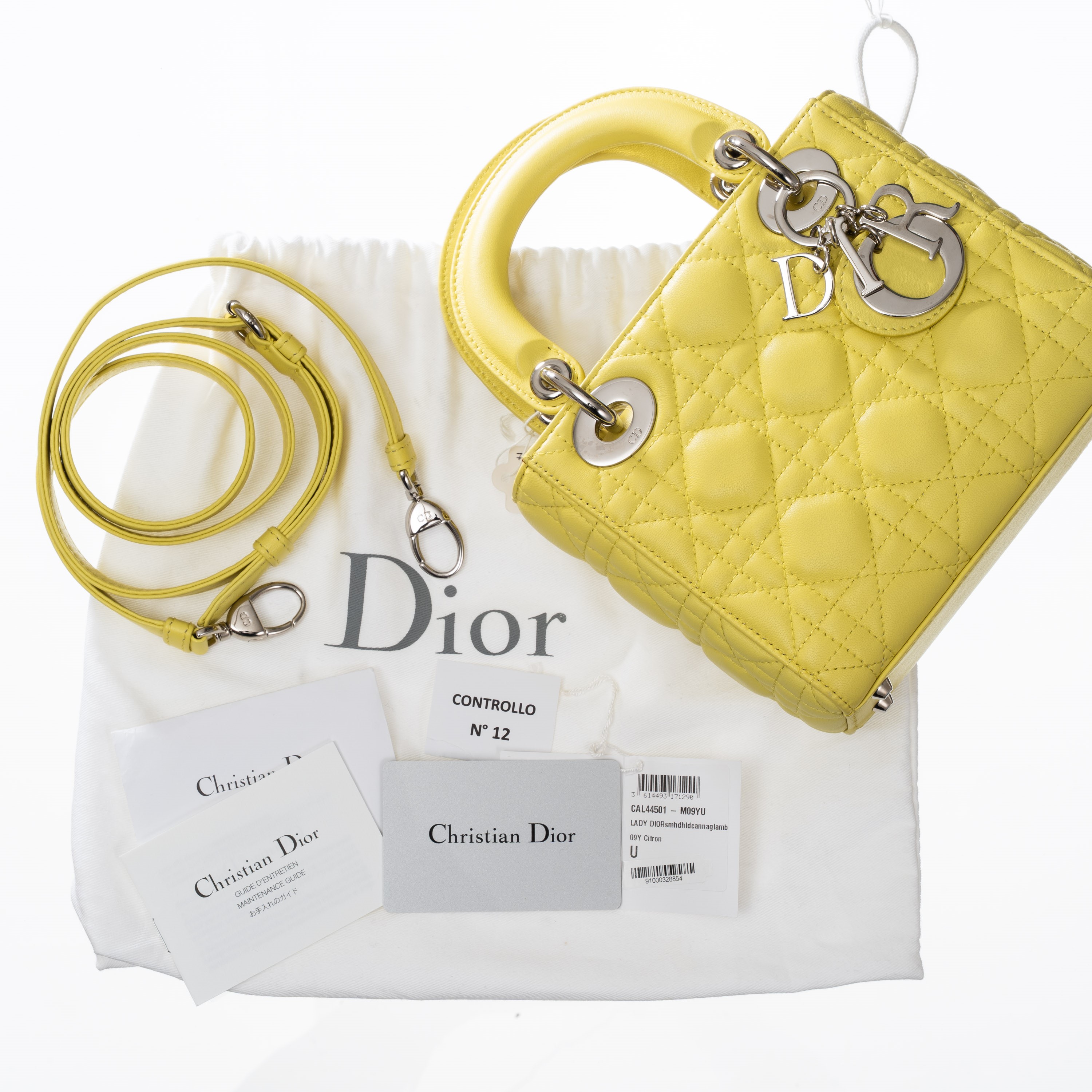 DIOR LADY MINI IN PELLE D’AGNELLO COLOR LIME E METALLERIA PALLADIO