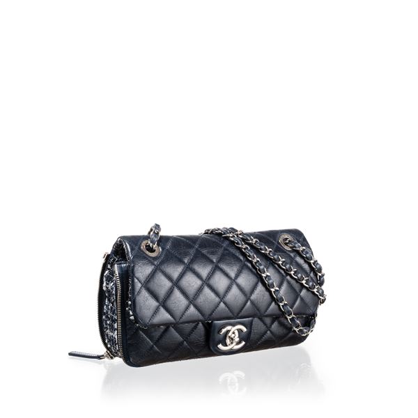 CHANEL - CHANEL ZIPPED TWEED FLAP BAG BLU PHW - 2014