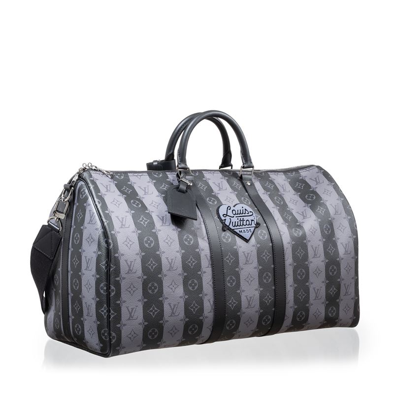 LOUIS VUITTON KEEPALL BANDOULIÈRE 55 LIMITED EDITION GRAY MONOGRAM STRIPED COATED CANVAS VIRGIL A...