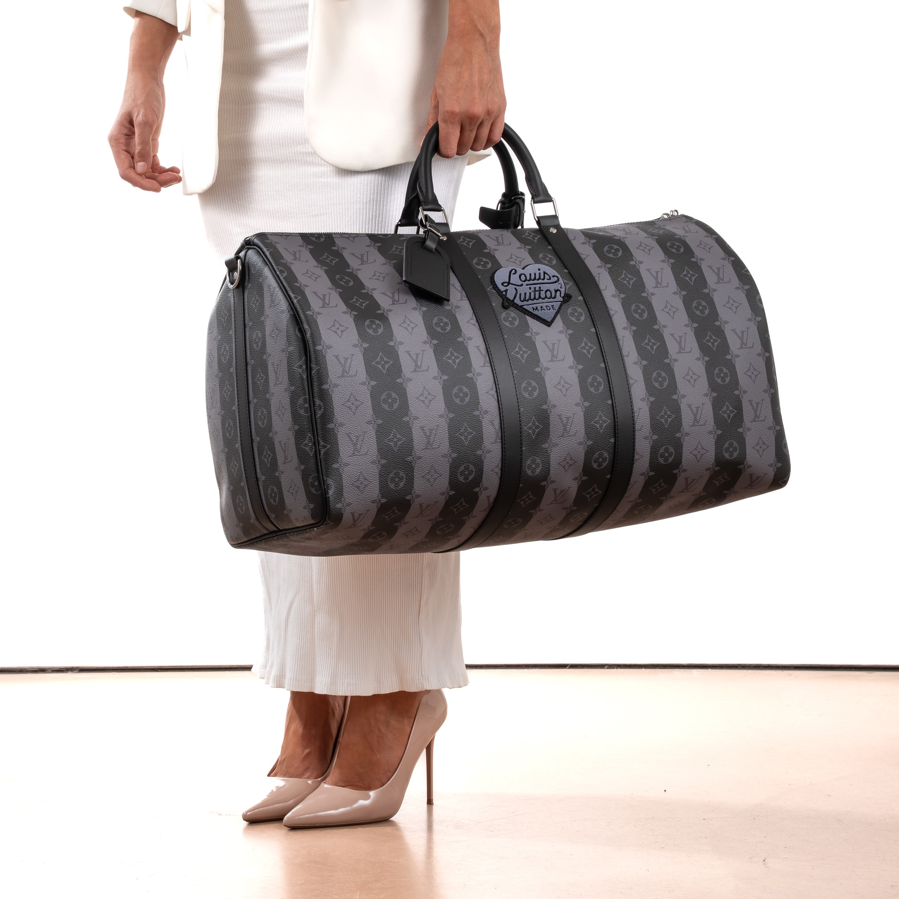 LOUIS VUITTON KEEPALL BANDOULIÈRE 55 LIMITED EDITION GRAY MONOGRAM STRIPED COATED CANVAS VIRGIL A...