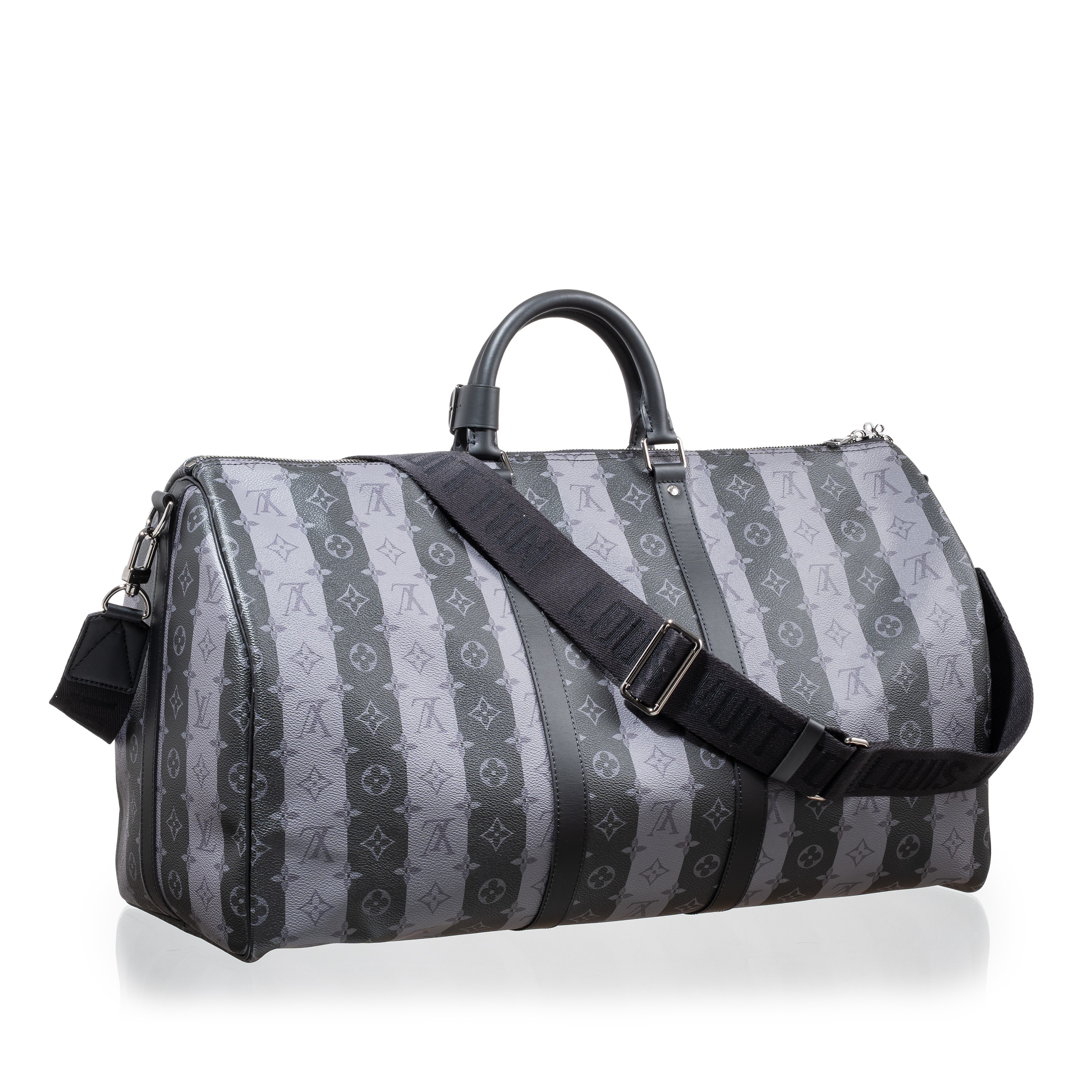 LOUIS VUITTON KEEPALL BANDOULIÈRE 55 LIMITED EDITION GRAY MONOGRAM STRIPED COATED CANVAS VIRGIL A...