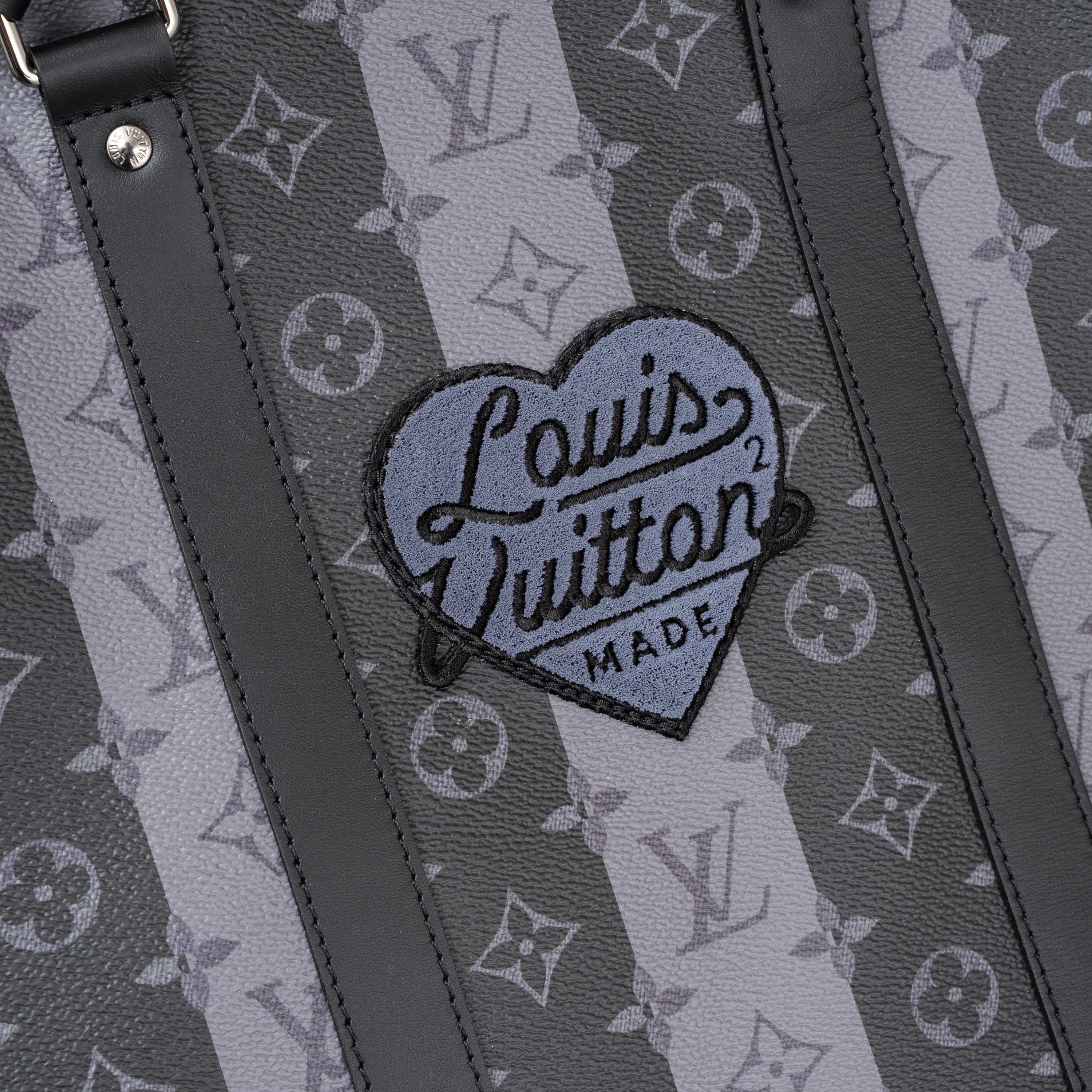 LOUIS VUITTON KEEPALL BANDOULIÈRE 55 LIMITED EDITION GRAY MONOGRAM STRIPED COATED CANVAS VIRGIL A...