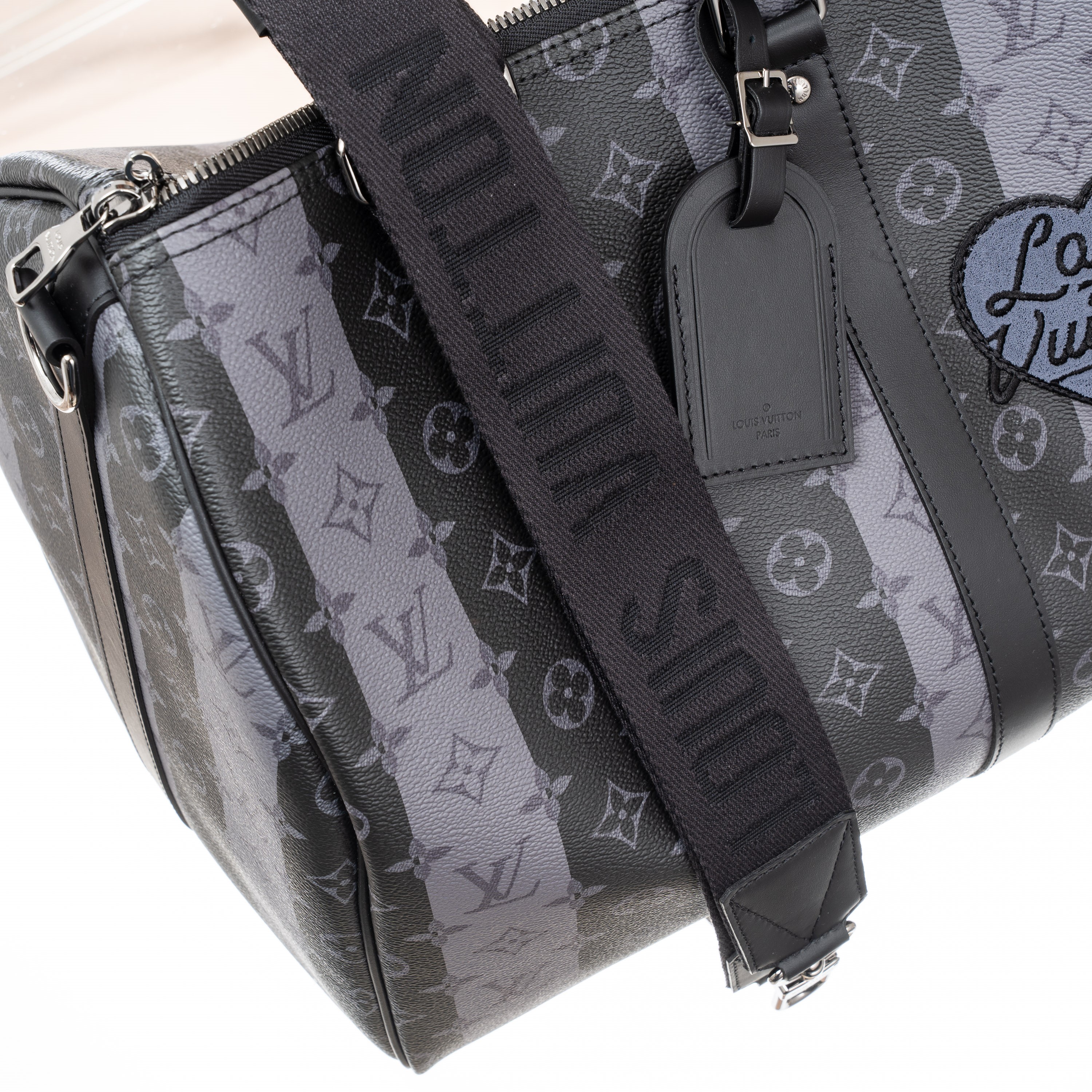 LOUIS VUITTON KEEPALL BANDOULIÈRE 55 LIMITED EDITION GRAY MONOGRAM STRIPED COATED CANVAS VIRGIL A...