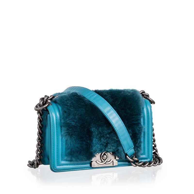 CHANEL BOY SMALL AZZURRA FUR - 2014
