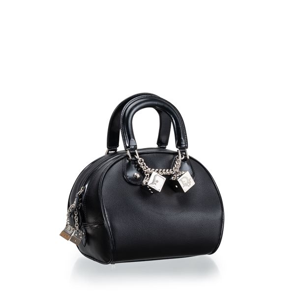 CHRISTIAN DIOR GAMBLER DICE BOWLER BAG IN PELLE NERA E METALLERIA PALLADIO CON DETTAGLI SWAROVSKI