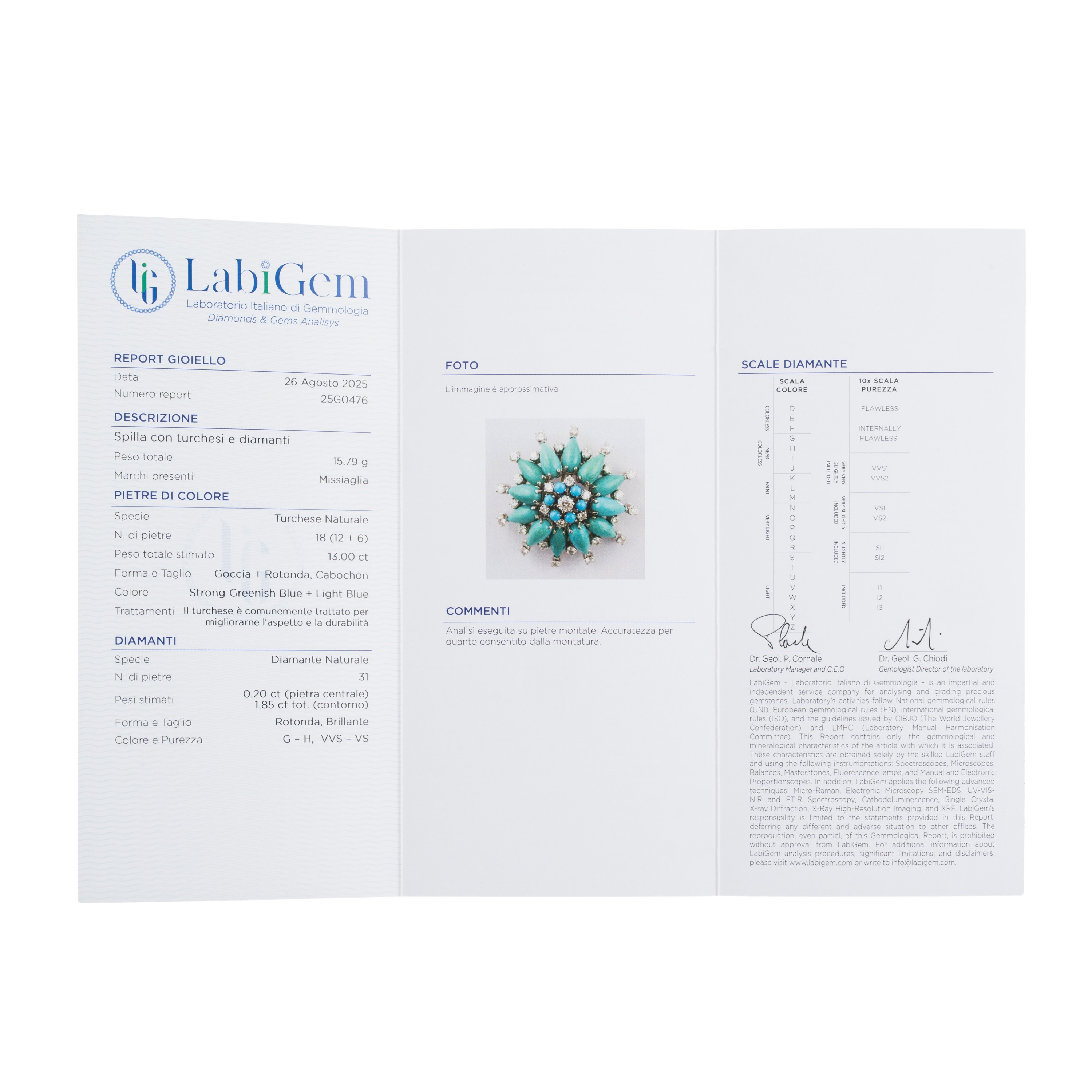 MISSIAGLIA - SPILLA CON TURCHESI E DIAMANTI