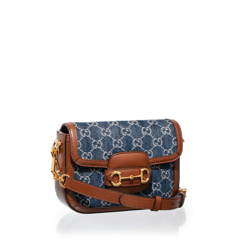 GUCCI BORSA A SPALLA HORSEBIT 1955 PICCOLA IN DENIM E PELLE MARRONE, DOPPIA TRACOLLA, GHW